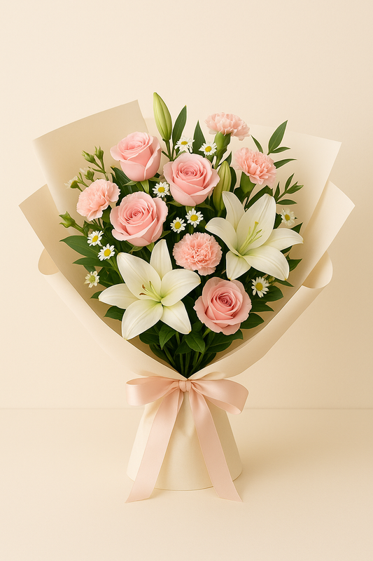 Simple bouquet featuring pink roses, white lilies, and pink carnations wrapped in cream paper with a satin ribbon – elegant floral arrangement ideal for gifting