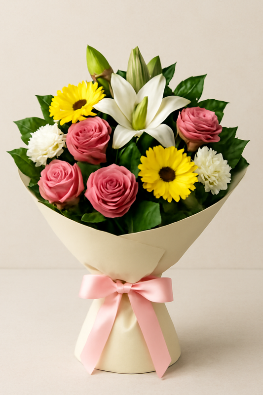 A high-resolution bouquet featuring red roses, white lilies, pink carnations, and greenery wrapped in elegant paper with a satin ribbon - perfect for special occasions.