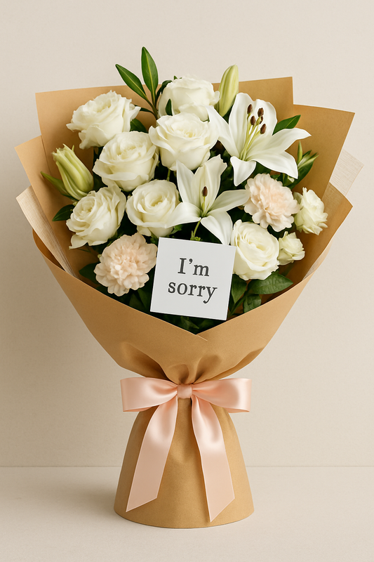 Apology flower bouquet with white roses, lilies, and blush carnations, wrapped in kraft paper with a pink satin bow and an “I’m sorry” card, placed upright.