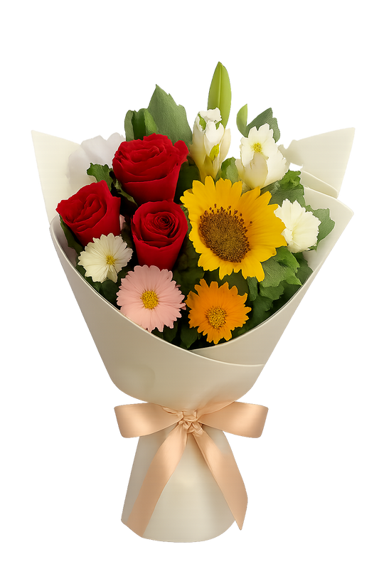 A vibrant bouquet featuring red roses, yellow sunflowers, white lilies, and gerberas wrapped in cream paper with a pink satin ribbon, perfect for any occasion.