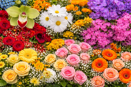 Colorful assortment of fresh flowers including red roses, white daisies, yellow blooms, pink roses, and orange gerbera arranged in a vibrant floral display for gifting in Pakistan