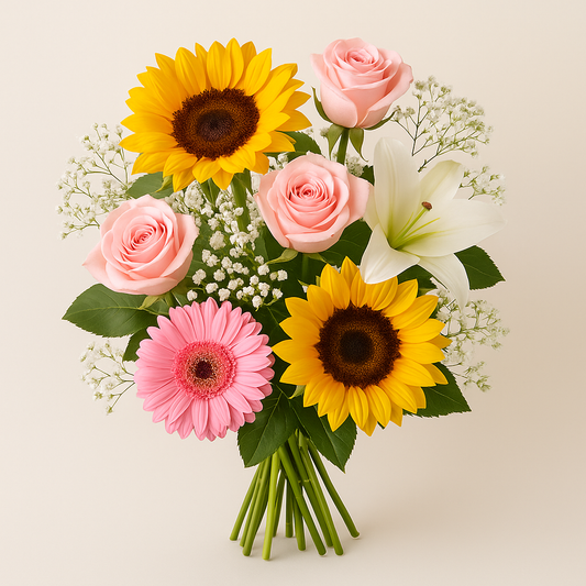 Mood-lifting flower bouquet with sunflowers, pink roses, lilies, gerberas, and baby’s breath – same-day delivery in Pakistan.