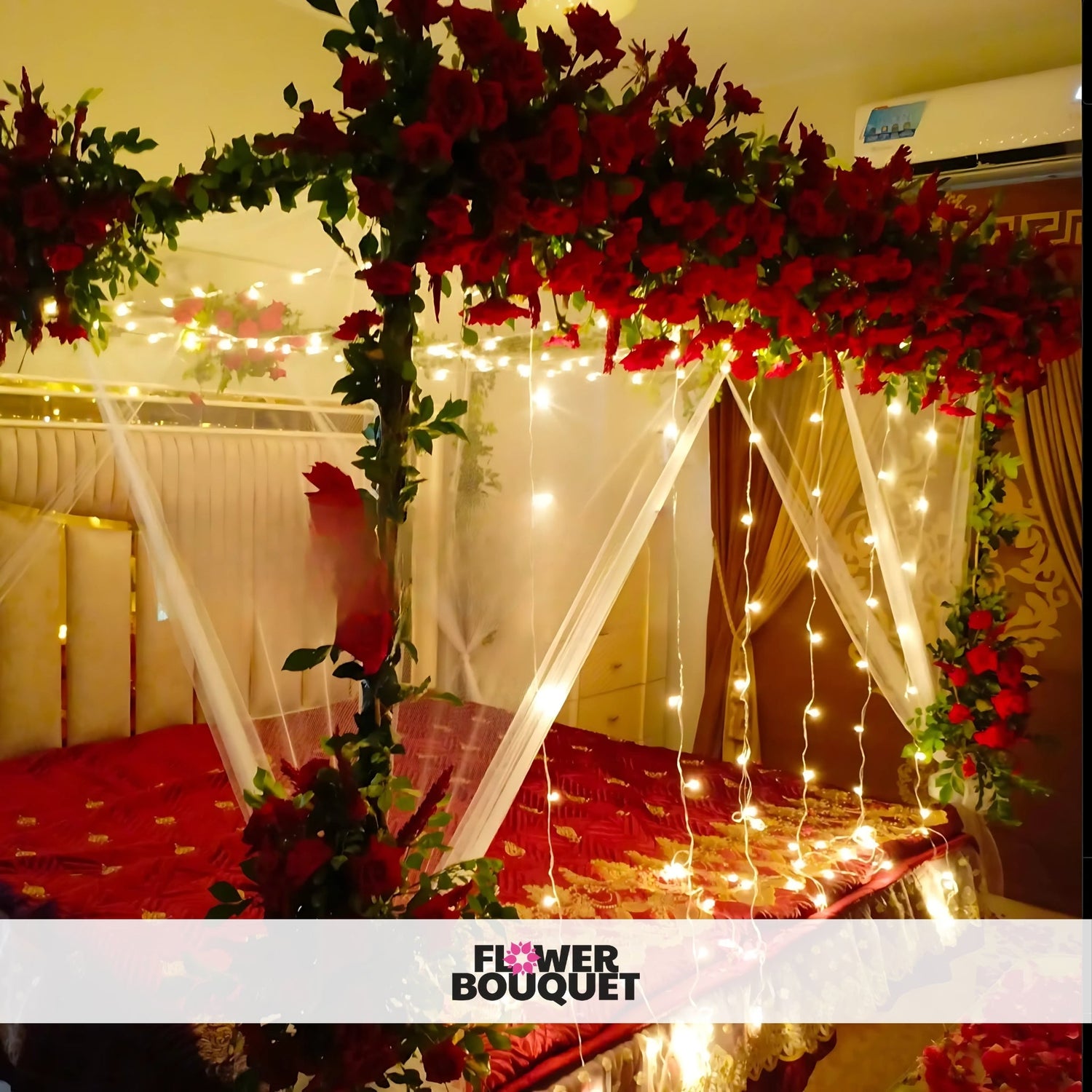 A beautifully decorated bridal room designed for a Pakistani wedding, featuring a luxurious canopy bed adorned with vibrant red and gold drapery