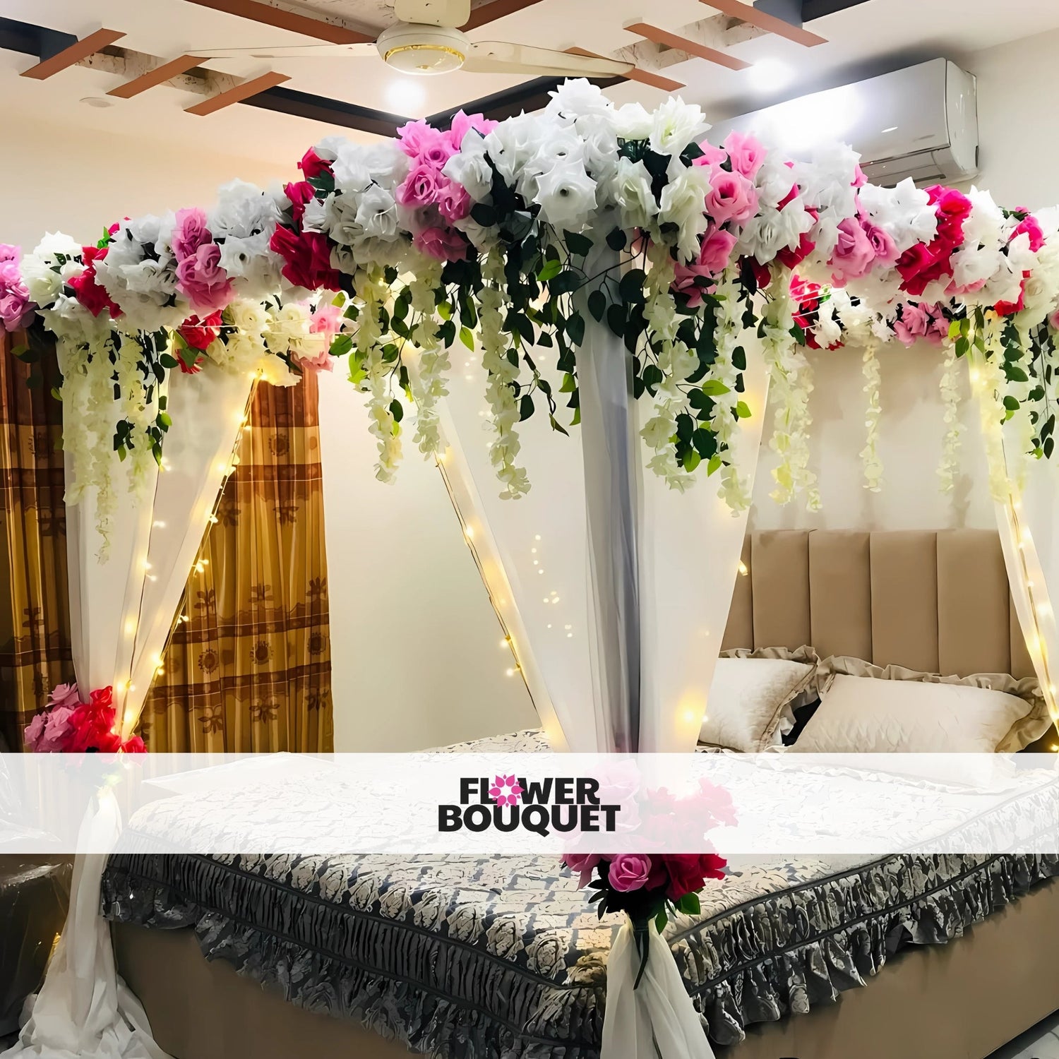 A luxurious Masehri room adorned with vibrant drapes, fresh floral arrangements, soft fairy lights, and traditional accents, creating a romantic and culturally rich setting for a bridal celebration or wedding night.