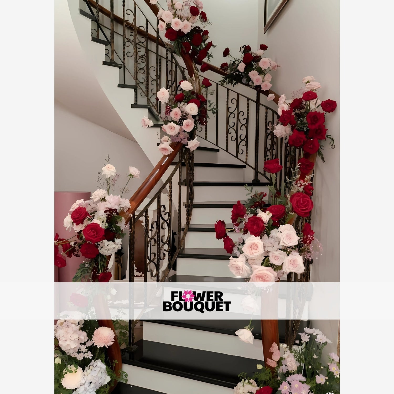 wedding home stairs decor, with red white and pink yellow roses