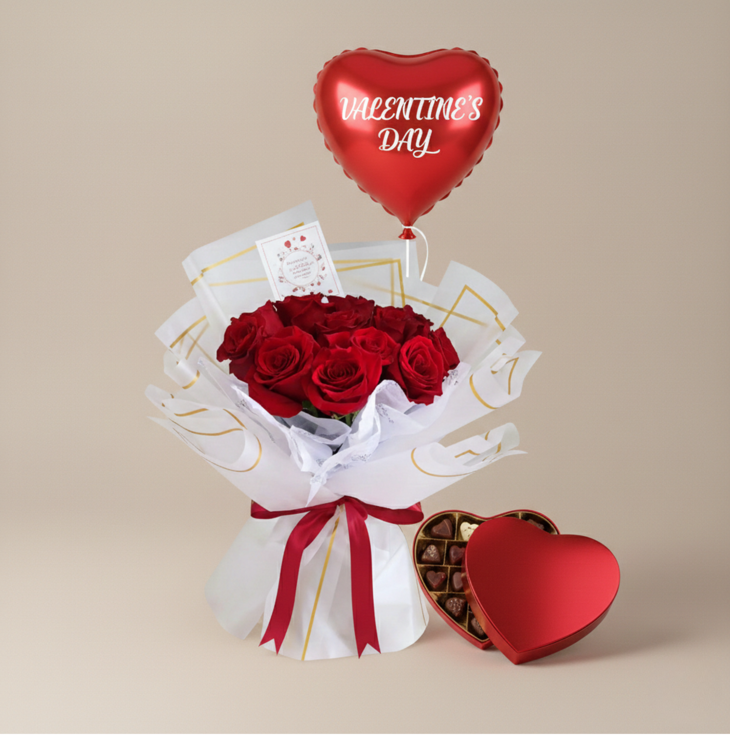 Valentines day gifts and flowers with red heat box with red flowers