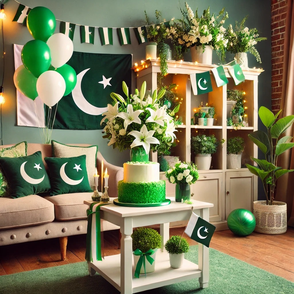 A vibrant 14th August decoration setup featuring green and white balloons, Pakistani flags, fairy lights, and floral arrangements, perfect for Independence Day celebrations.