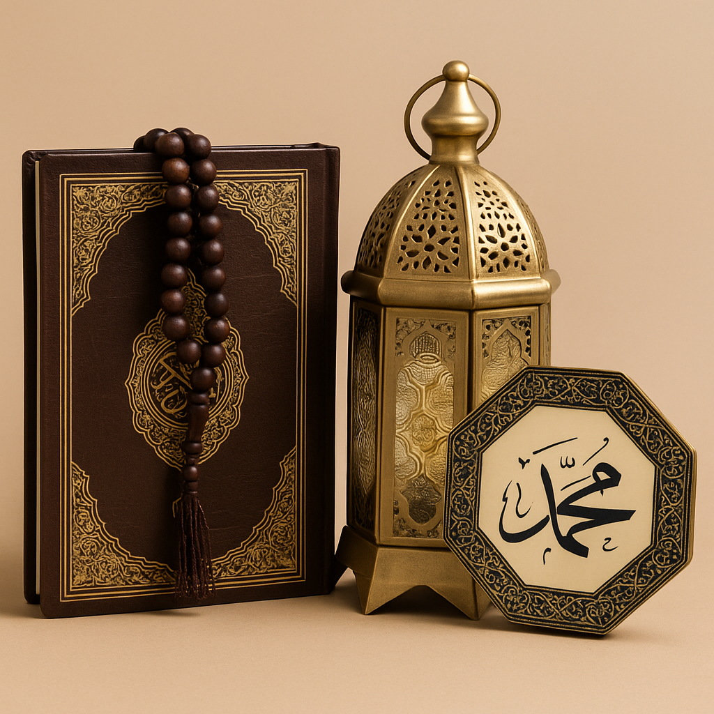 High-resolution photograph of premium Islamic gifts, including a leather-bound Quran, wooden prayer beads, a golden lantern, and a decorative plate with Arabic calligraphy, arranged on a beige background.