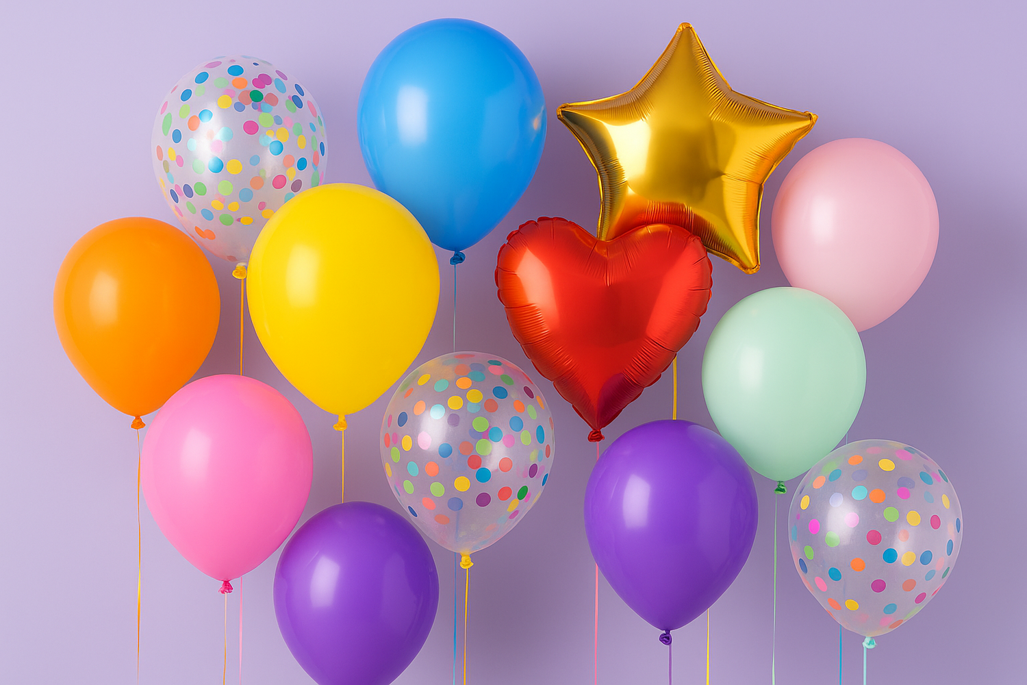 “Colorful assortment of balloons including heart, star, confetti-filled, and solid-colored designs, arranged against a pastel background for a festive look.”