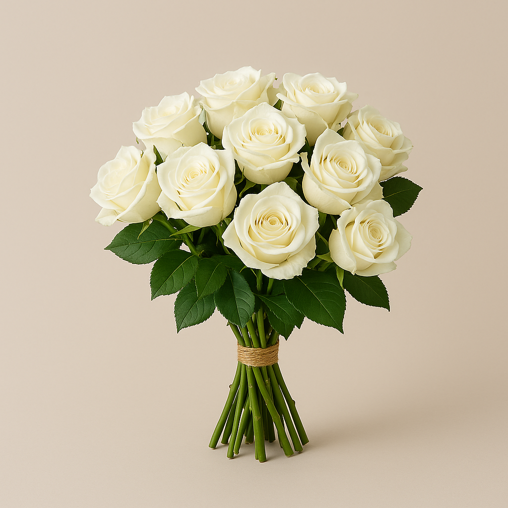 “Elegant white rose bouquet hand-tied with green leaves – fresh flowers same-day delivery Pakistan”
