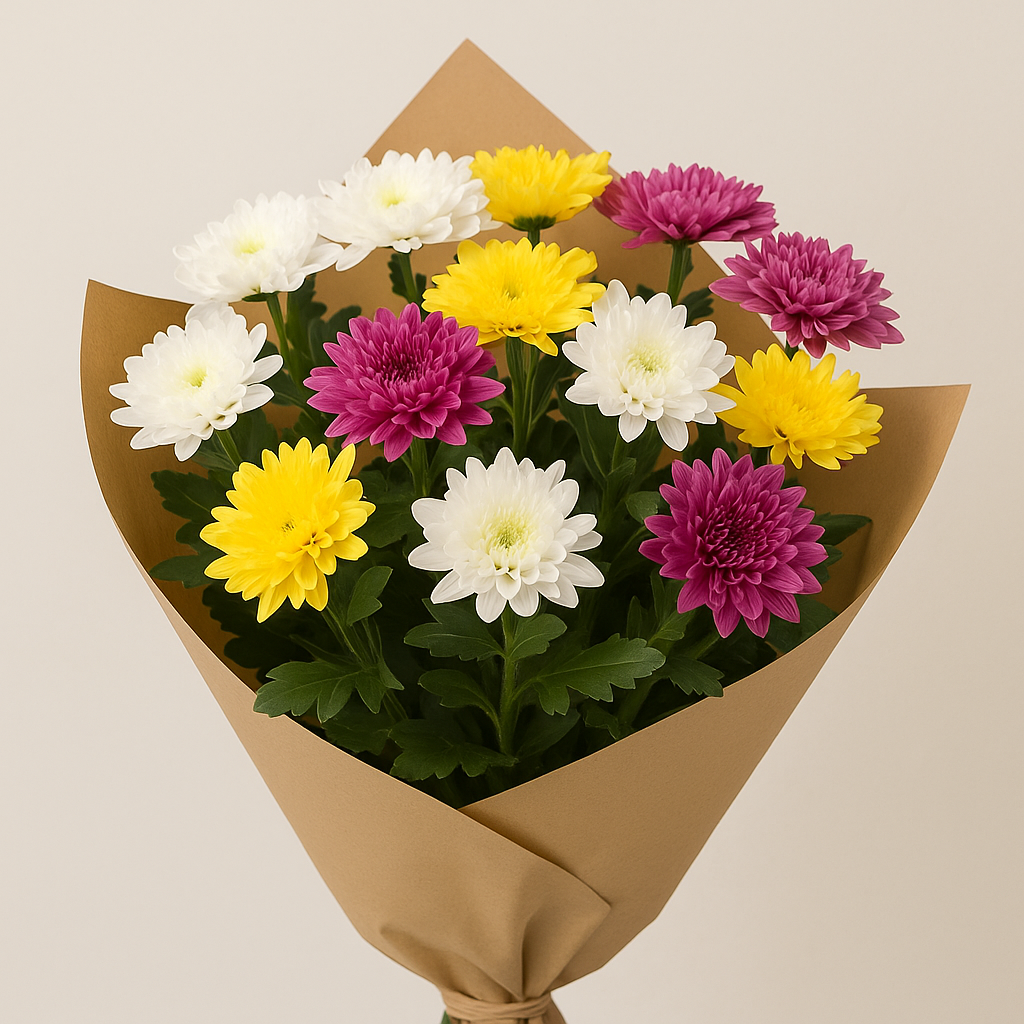 Elegant bouquet of fresh chrysanthemum flowers in vibrant colors with green leaves – same-day flower delivery in Pakistan