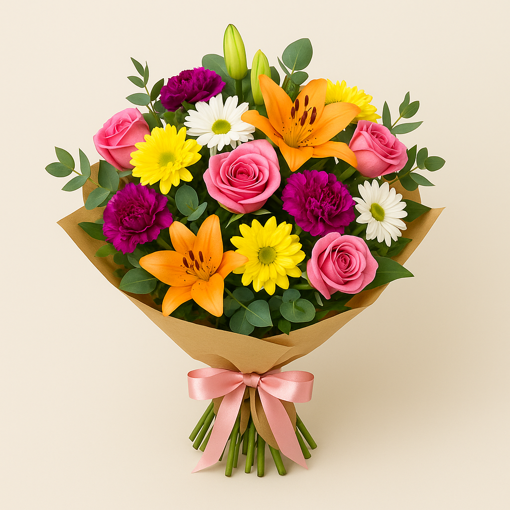 “Fresh mixed flower bouquet with roses, lilies, and chrysanthemums – colorful hand-tied arrangement for same-day delivery in Pakistan”