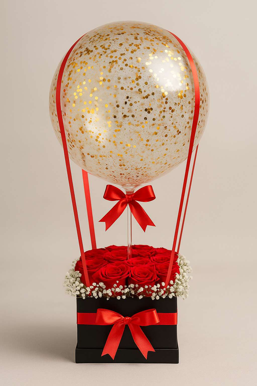 Luxury clear balloon gift box with red roses and ribbon – elegant balloon flower arrangement for birthdays, anniversaries, and celebrations in Pakistan