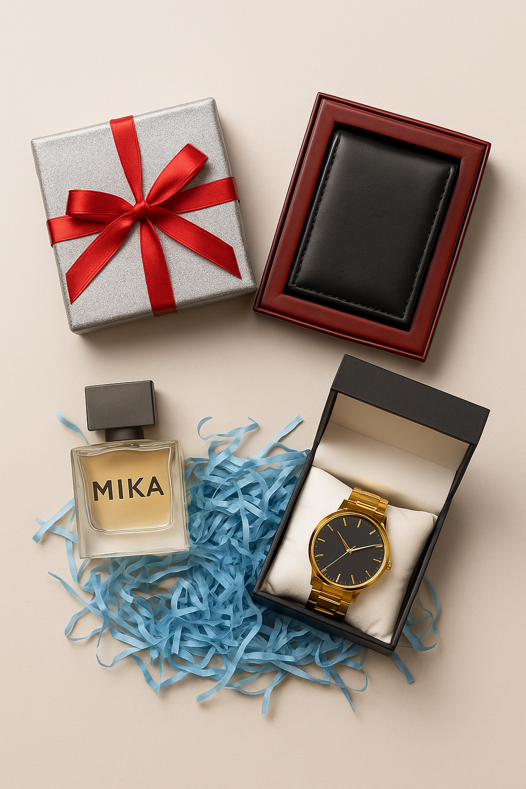 Elegant boyfriend gift collection featuring a black leather wallet, gold wristwatch in display box, perfume bottle, and silver gift box with red ribbon arranged on blue decorative paper.