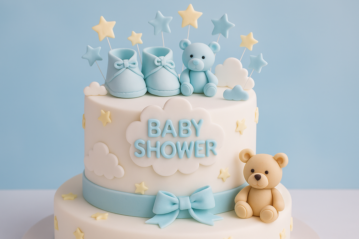 Adorable two-tier baby shower cake decorated with pastel fondant, tiny booties, teddy bears, stars, and clouds in soft blue and yellow tones.