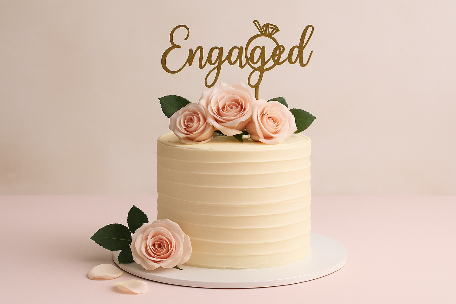 Elegant engagement cake decorated with soft pink roses, green leaves, and a golden topper, symbolizing romance and celebration.