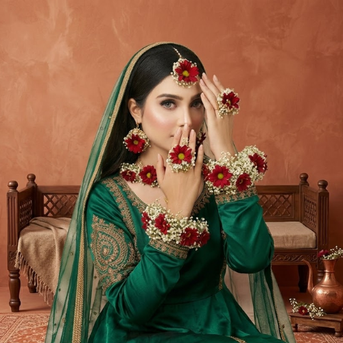 Woman in a minimal beige suit wearing a premium fresh floral jewelry set, including red and white blossom earrings, a floral choker, ring, and bracelets.