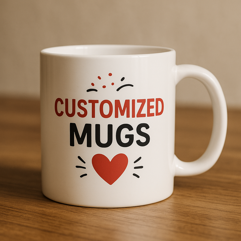 Realistic white ceramic customized mug on wooden table.