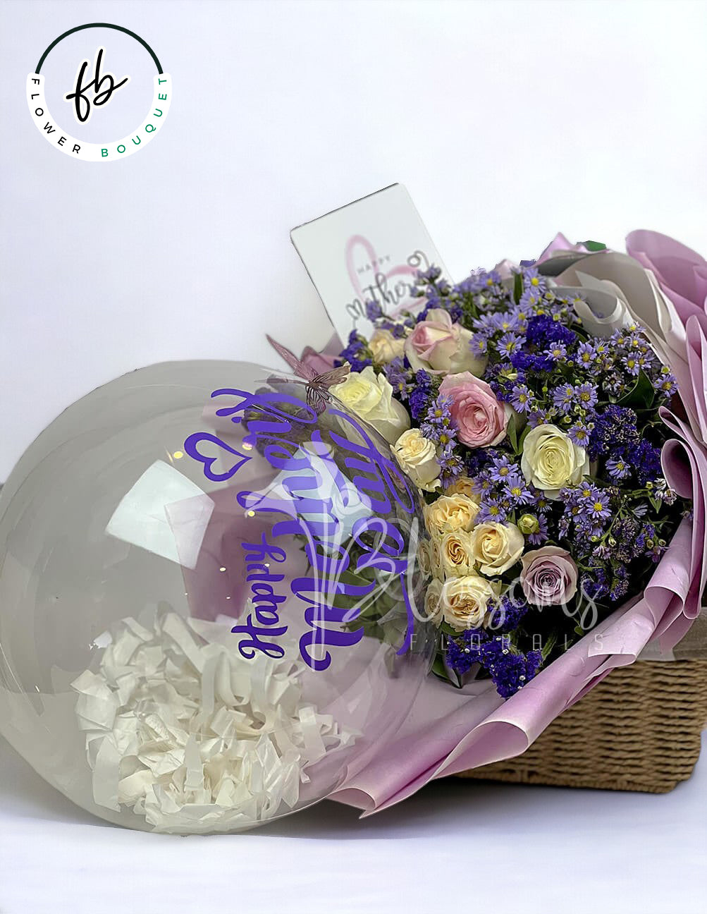 aster, white & pink roses flower bouquet for her or him