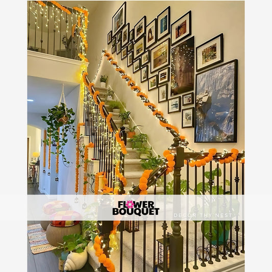 Festive Marigold Garland with String Lights – Vibrant Staircase Décor