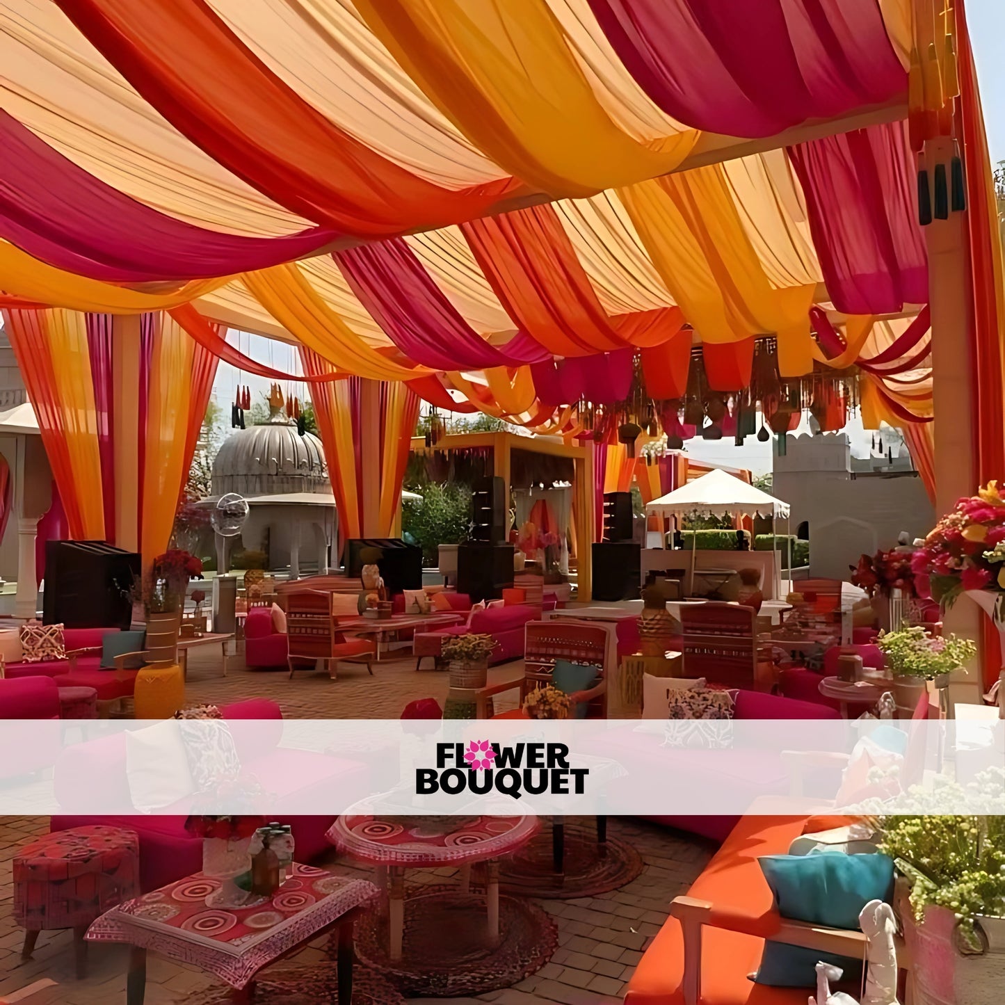 Outdoor Mehndi Decor with Vibrant Canopy and Seating