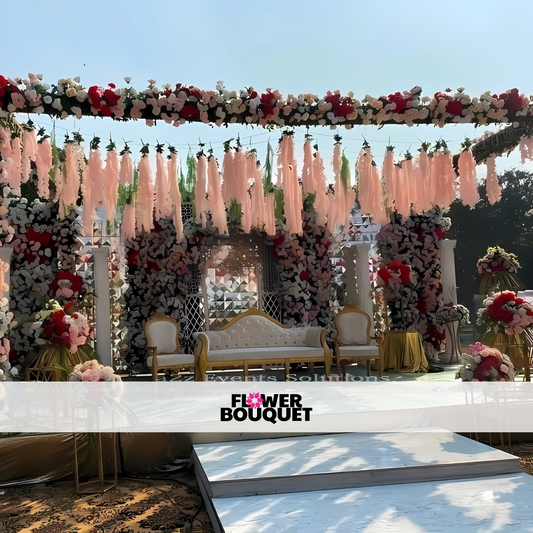 Floral Fantasy Outdoor Wedding Stage – Blush Drapes & Elegant Backdrop