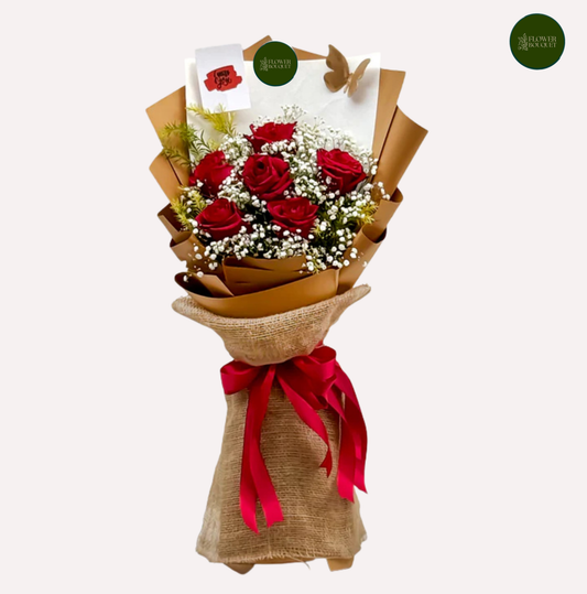 6 red roses bouquet with baby breath golden wrapping and greeting card