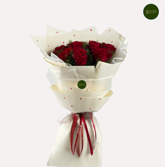 7 red roses bouquet with cream wrapping romantic gift arrangement