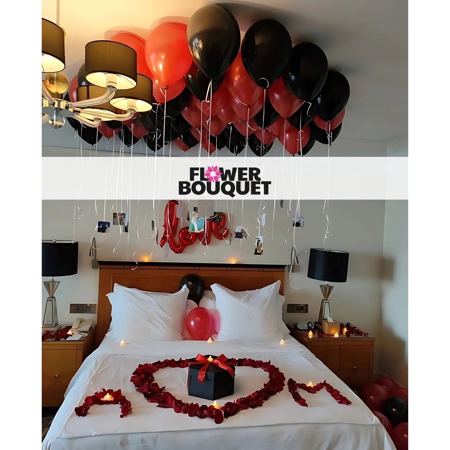 Romantic Balloon and Rose Petal Bedroom Setup