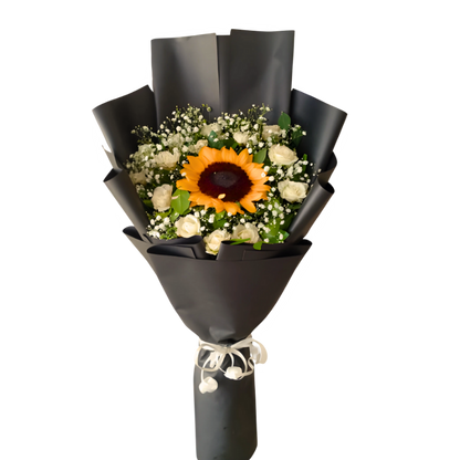 Sunflower & White Roses – Black Wrap