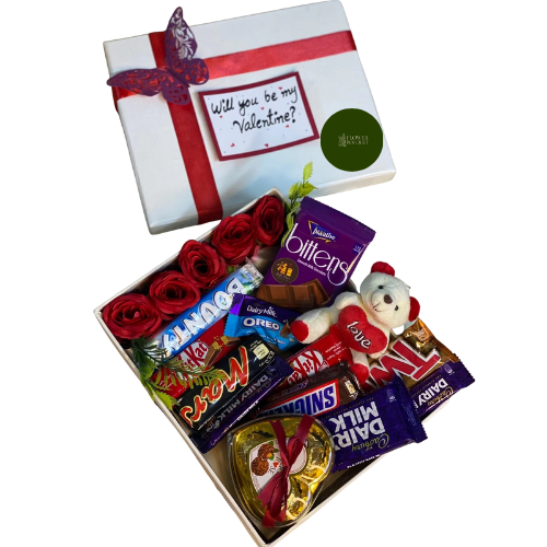Be My Valentine chocolate gift box with red roses, teddy bear, and assorted chocolates – romantic Valentine’s Day surprise for her