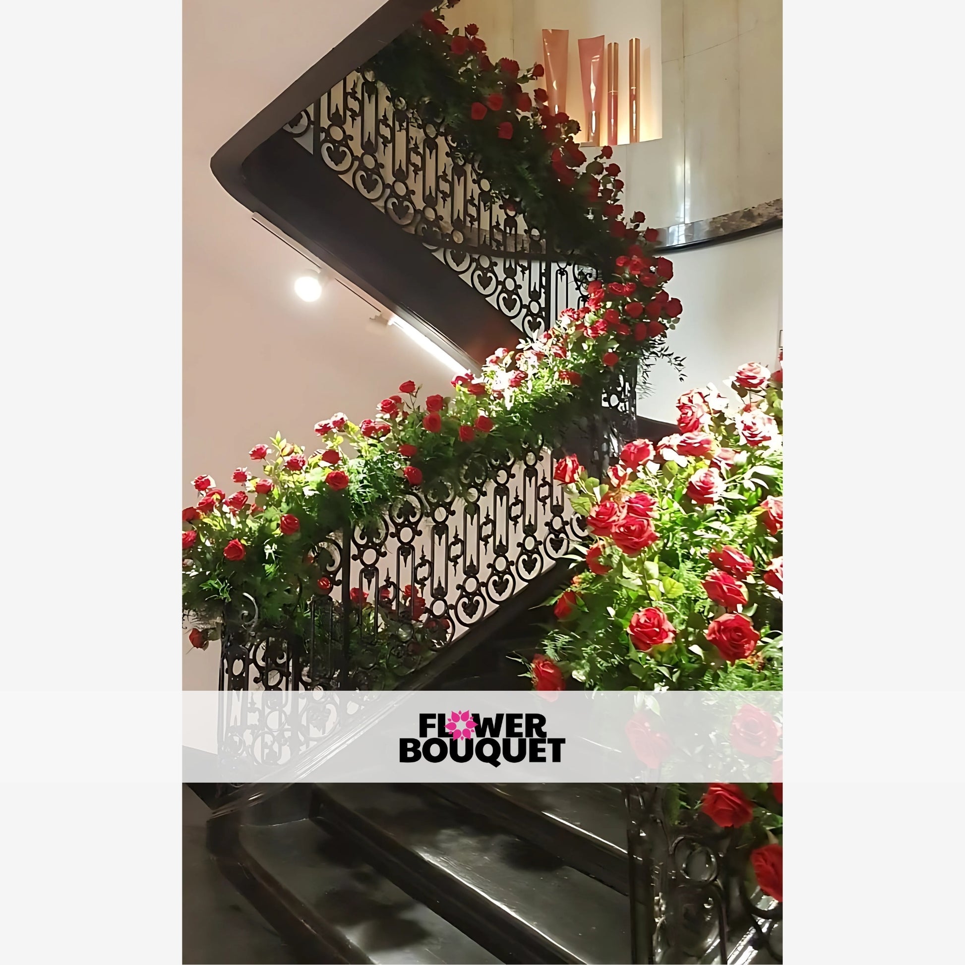 A stunning staircase adorned with a magnificent display of vibrant, lush floral arrangements, creating a captivating and luxurious ambiance.