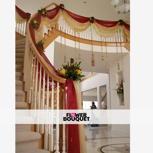 A warm and inviting staircase adorned with a vibrant display of orange marigold flowers, creating a cozy and festive atmosphere.