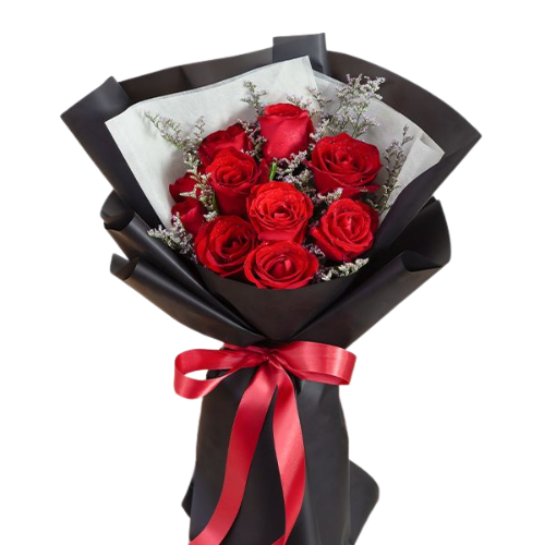 Black wrapped bouquet with 10 red roses and red satin ribbon