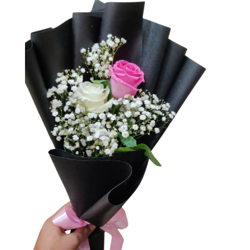 Blush Grace Bouquet with pink and white roses, baby’s breath, black wrapping, and pink ribbon – elegant floral gift for romantic and special occasions.