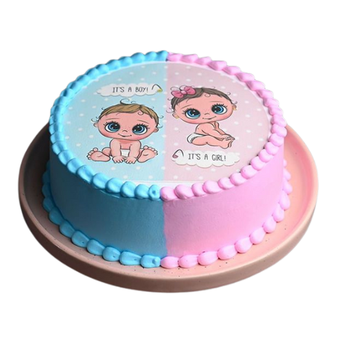 "Boy Girl Cake in pastel blue and pink with baby illustrations for gender reveal baby shower in Lahore, Karachi, and Islamabad"