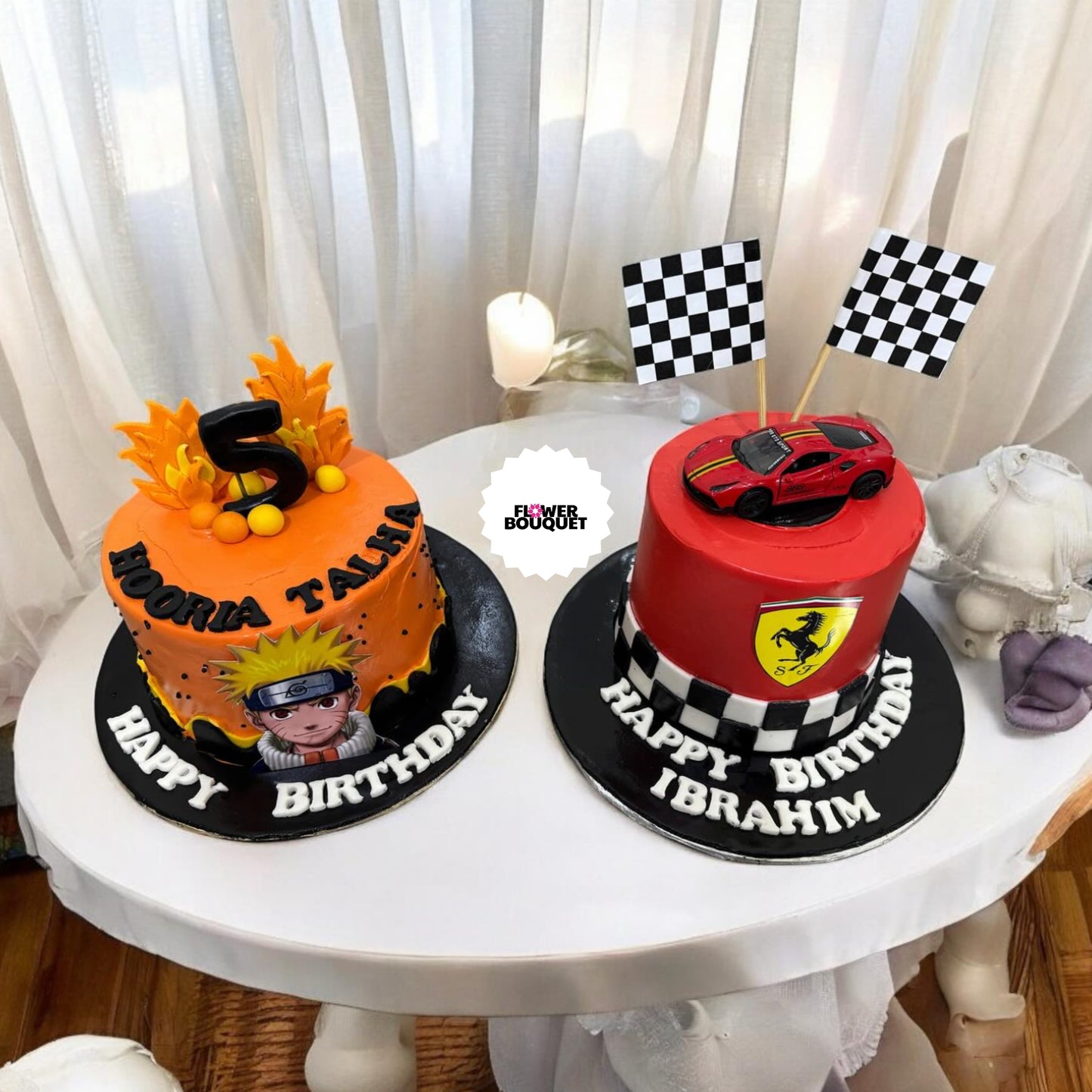 Two birthday cake options: orange anime-themed cake with flames and red Ferrari-themed cake with toy car and racing flags.