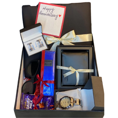 Classic men’s gift box with shalwar kameez, chain watch, perfume, cufflinks, wallet, sunglasses, chocolate, and handwritten card