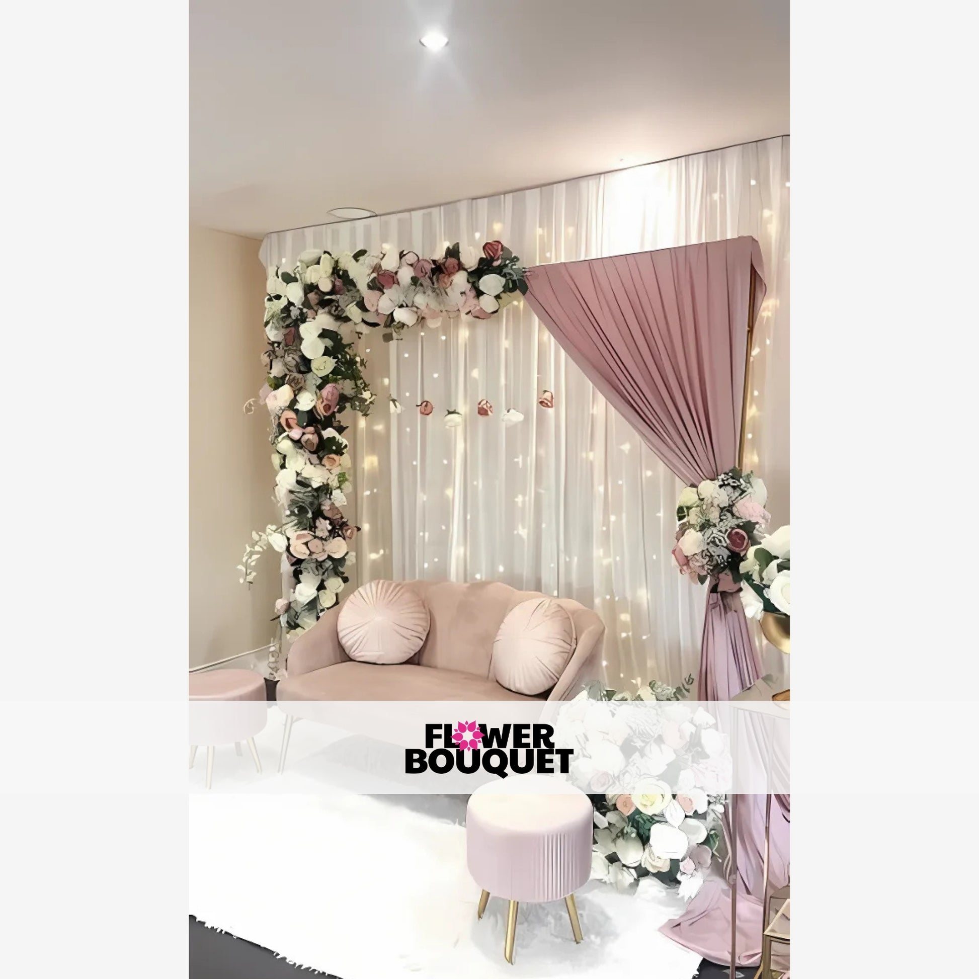Nikah stage with blush pink sofa, floral arch, and soft lighting.