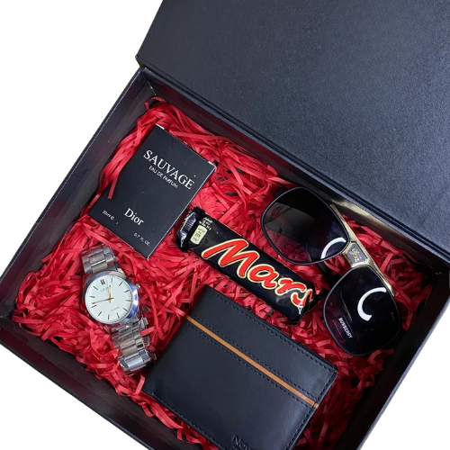 Dior Sauvage perfume with men’s watch, leather wallet, sunglasses, and Mars chocolate in a black gift box – perfect gift for him in Pakistan