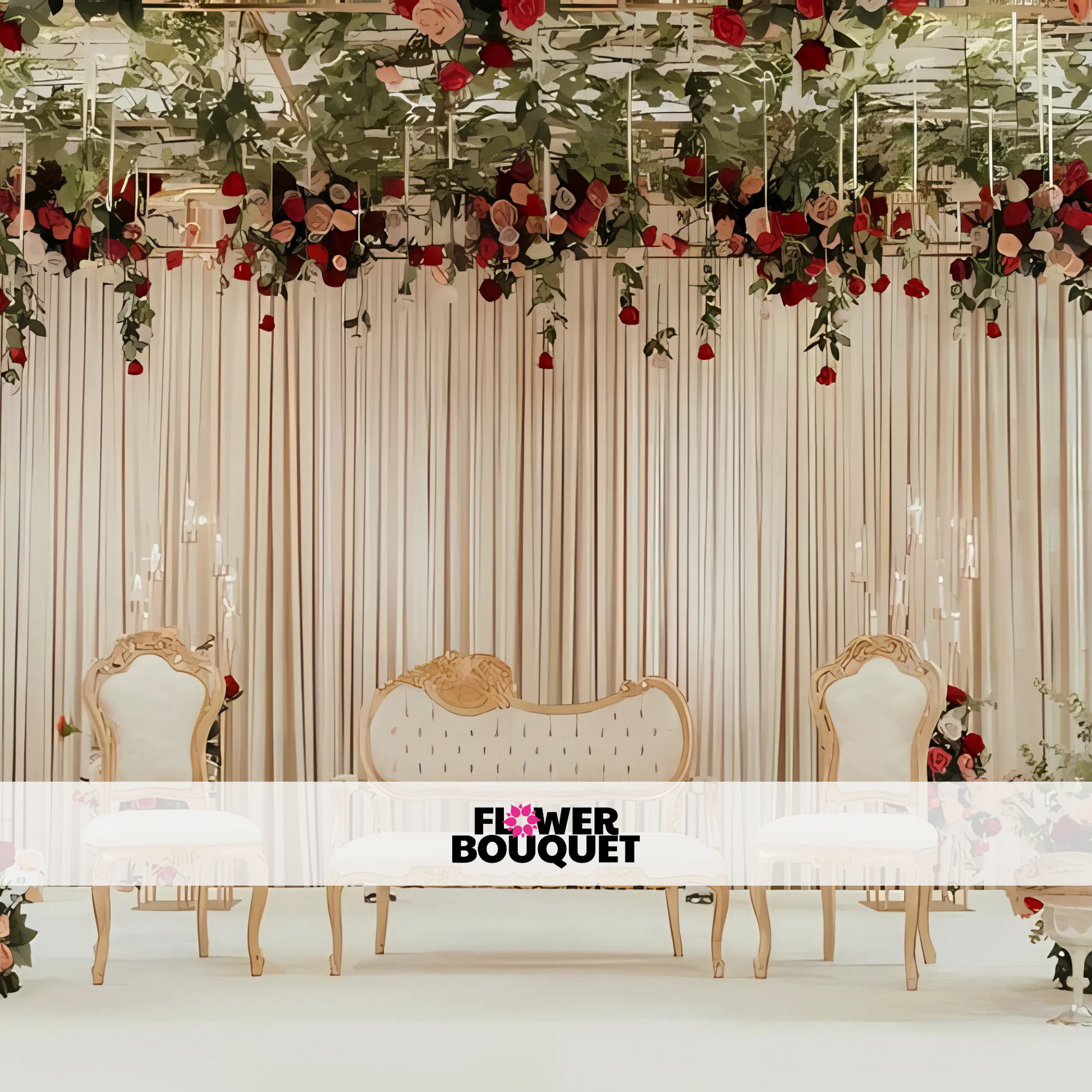 Elegant Barat stage setup with beige drapes, a floral ceiling of red and blush roses, lush green foliage, and white and gold intricately carved chairs and sofa