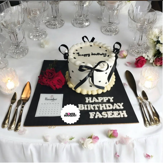 Elegant, personalized birthday celebration with a chic black-and-white theme, a delightful cake, and thoughtful floral accents, creating a sophisticated and memorable event.