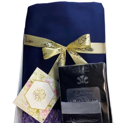 Elegant Eid gift box with unstitched cotton suit, chain watch, and greeting card