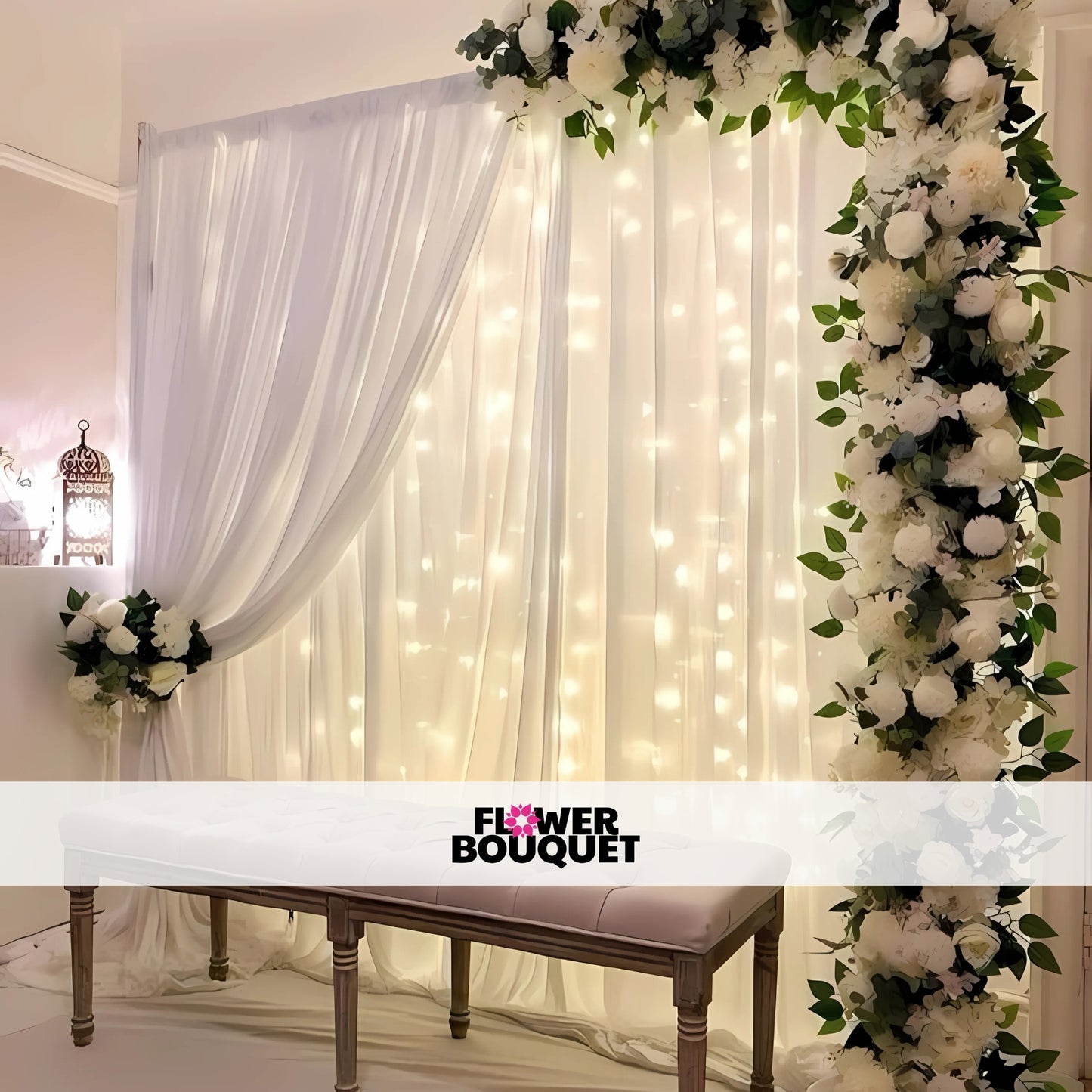 A beautifully decorated wedding backdrop with white drapes, fairy lights, and a floral arrangement.