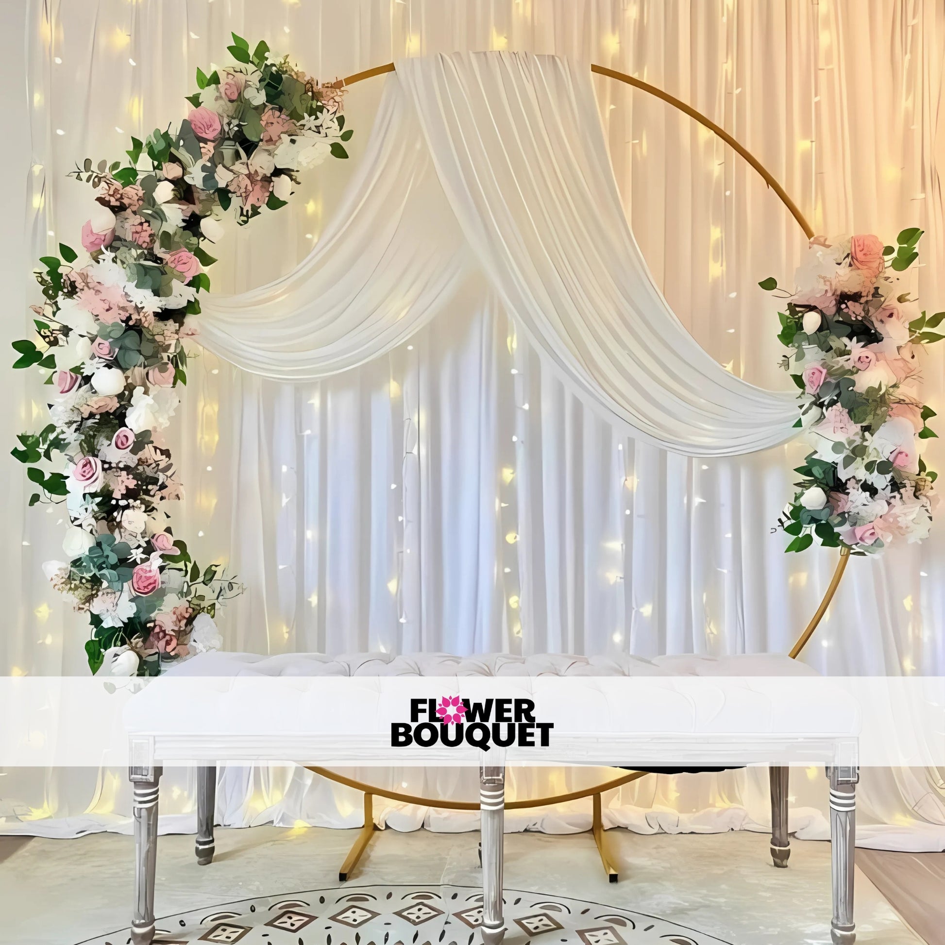 A beautifully decorated wedding arch with white drapes and floral arrangements, set against a backdrop of fairy lights.