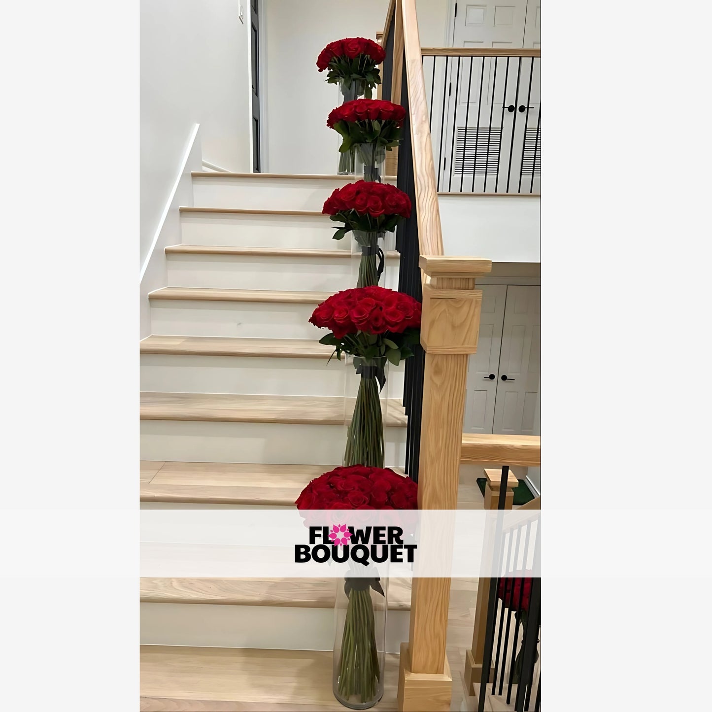 A luxurious display of red rose bouquets arranged along a staircase, perfect for romantic décor and special events.