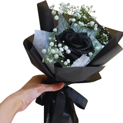 Elegant single black rose bouquet with white accents and golden ribbon – luxury romantic floral gift