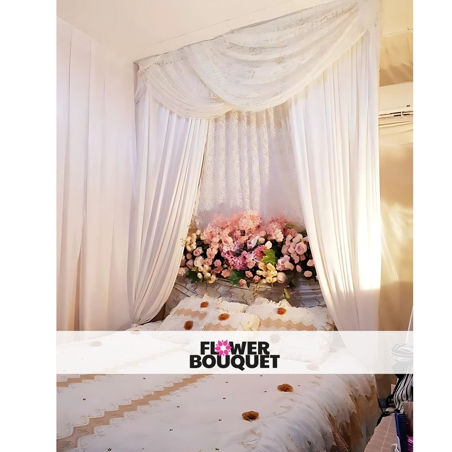 Enchanted Flower Canopy Bed Decor with white drapes, lace fabric, pink and white flower arrangement, and delicate bedding accents.