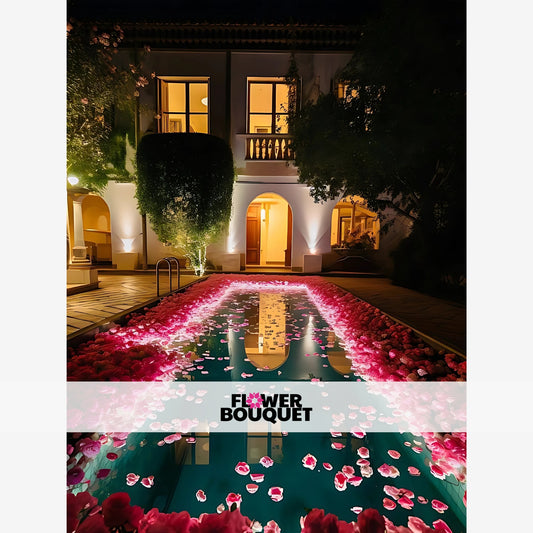 A stunning nighttime scene featuring a lush, flower-filled pool surrounded by a beautifully lit, historic-style building, creating a magical and romantic atmosphere.