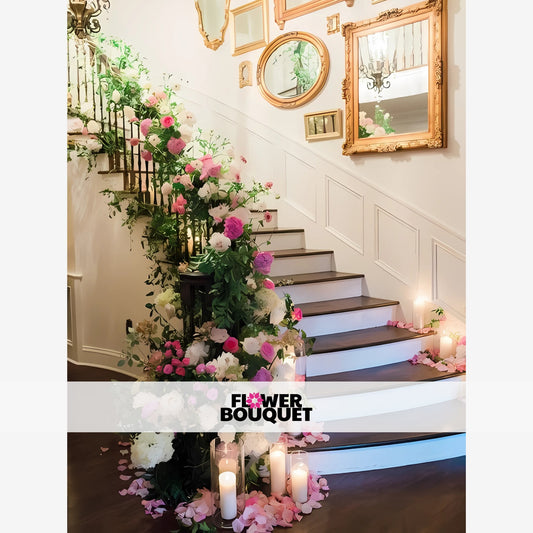 A grand staircase adorned with a lush, cascading floral display of pink and white blooms, creating a magical and romantic atmosphere.